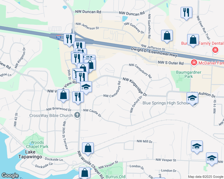 map of restaurants, bars, coffee shops, grocery stores, and more near 1000 Northwest Arlington Place in Blue Springs