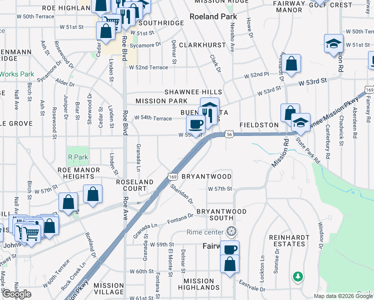 map of restaurants, bars, coffee shops, grocery stores, and more near 4210 Shawnee Mission Parkway in Fairway