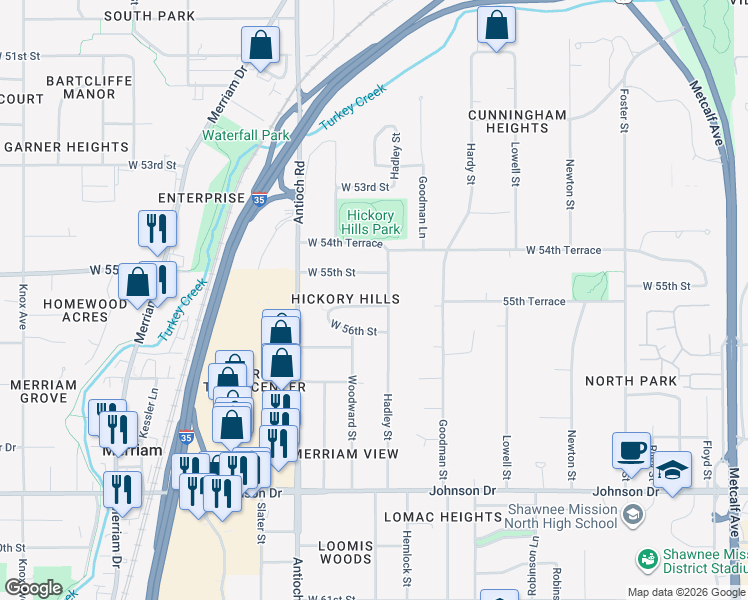 map of restaurants, bars, coffee shops, grocery stores, and more near 8400 55th Terrace in Merriam