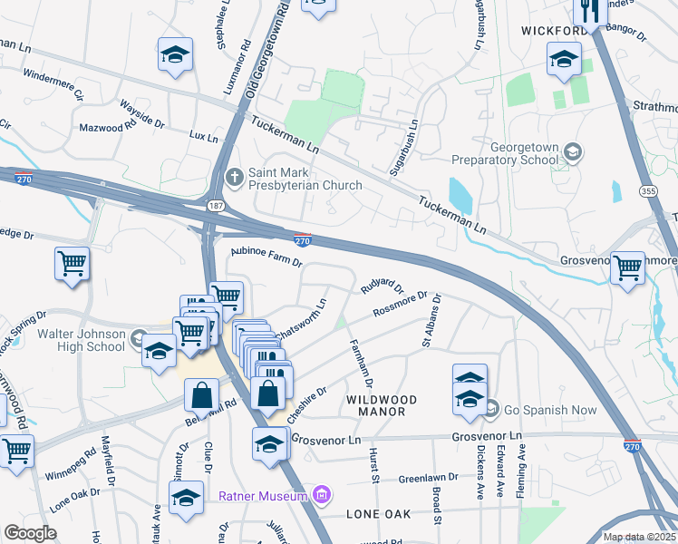 map of restaurants, bars, coffee shops, grocery stores, and more near 10512 Farnham Drive in Bethesda
