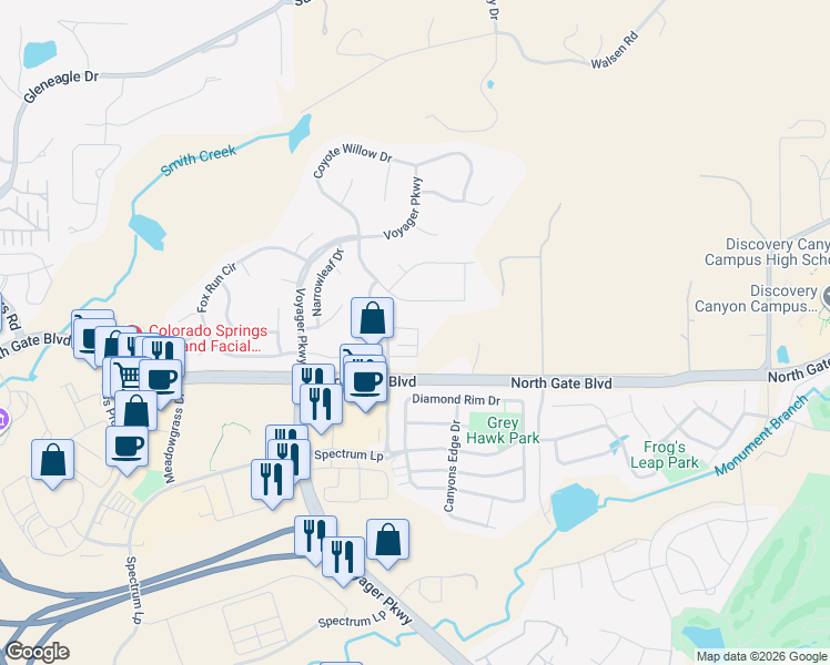 map of restaurants, bars, coffee shops, grocery stores, and more near 875 Citrine View in Colorado Springs