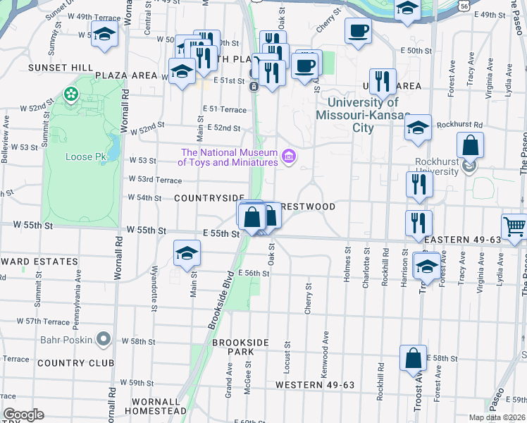 map of restaurants, bars, coffee shops, grocery stores, and more near 5400 Brookside Boulevard in Kansas City