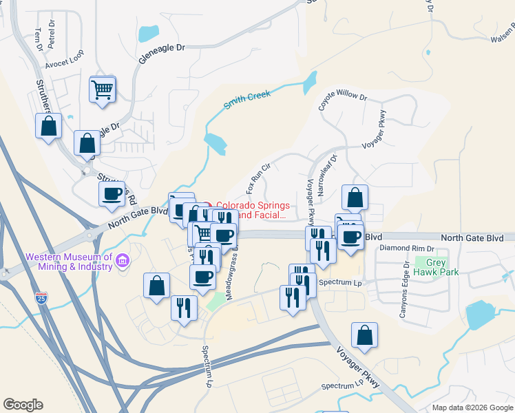 map of restaurants, bars, coffee shops, grocery stores, and more near 492 Fox Run Circle in Colorado Springs
