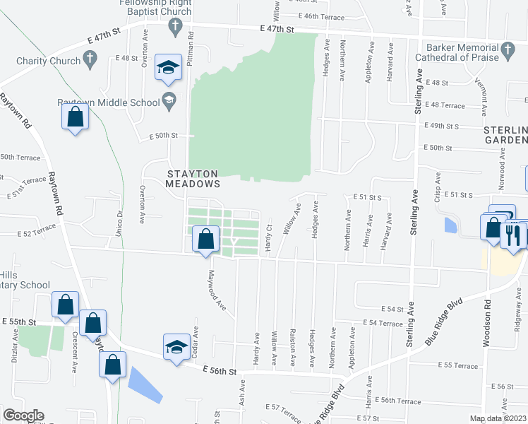 map of restaurants, bars, coffee shops, grocery stores, and more near 5104 Hardy Court in Raytown