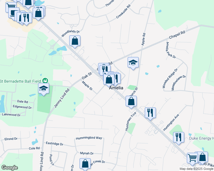map of restaurants, bars, coffee shops, grocery stores, and more near 18 West Main Street in Amelia