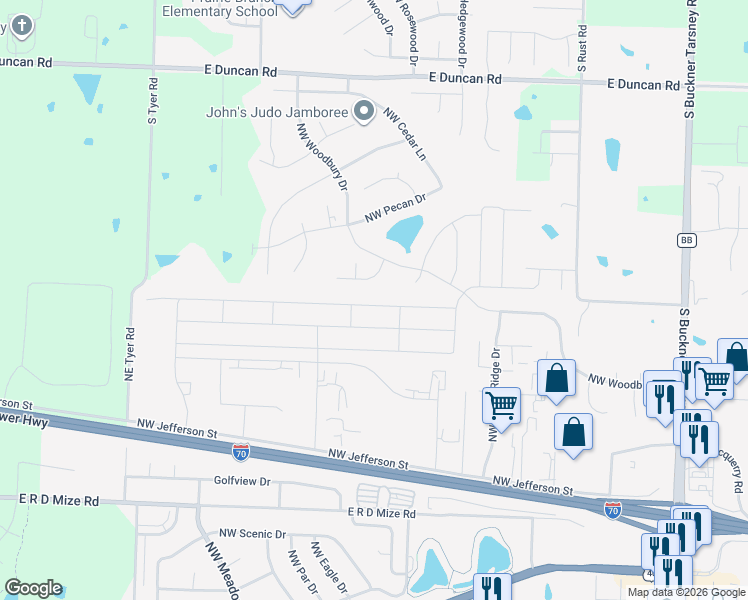 map of restaurants, bars, coffee shops, grocery stores, and more near 1300 Northwest Hilltop Lane in Grain Valley
