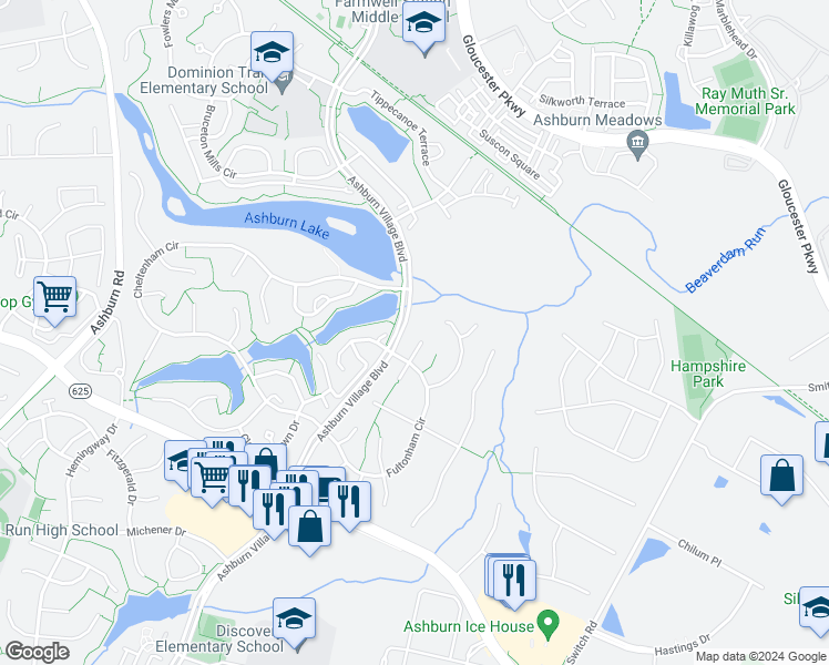 map of restaurants, bars, coffee shops, grocery stores, and more near 21251 Olive Green Court in Ashburn