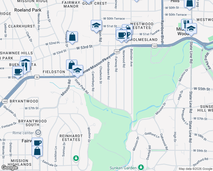 map of restaurants, bars, coffee shops, grocery stores, and more near 5528 Aberdeen Road in Fairway