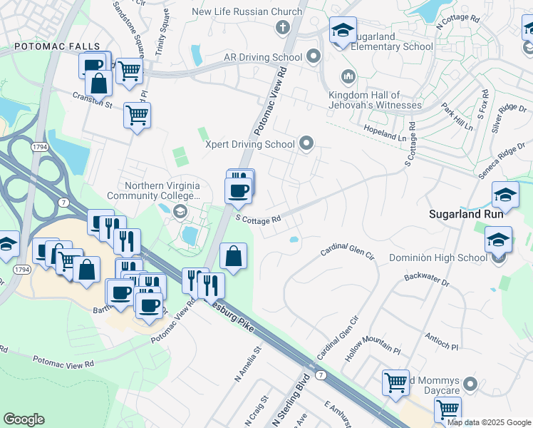 map of restaurants, bars, coffee shops, grocery stores, and more near 46595 Carriage Court in Sterling