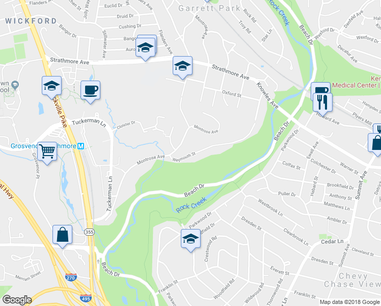 map of restaurants, bars, coffee shops, grocery stores, and more near 10626 Weymouth Street in Bethesda