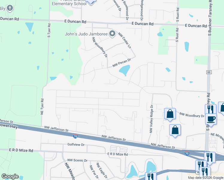 map of restaurants, bars, coffee shops, grocery stores, and more near 1300 Northwest Hilltop Lane in Grain Valley
