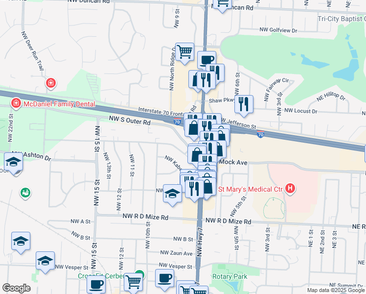 map of restaurants, bars, coffee shops, grocery stores, and more near 717 Northwest Mock Avenue in Blue Springs