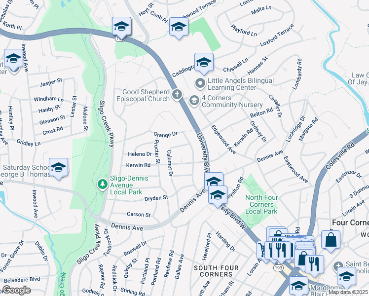 map of restaurants, bars, coffee shops, grocery stores, and more near 10523 Calumet Drive in Silver Spring