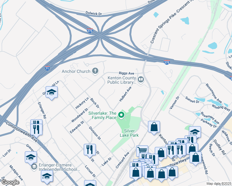 map of restaurants, bars, coffee shops, grocery stores, and more near 3120 Hulbert Avenue in Erlanger