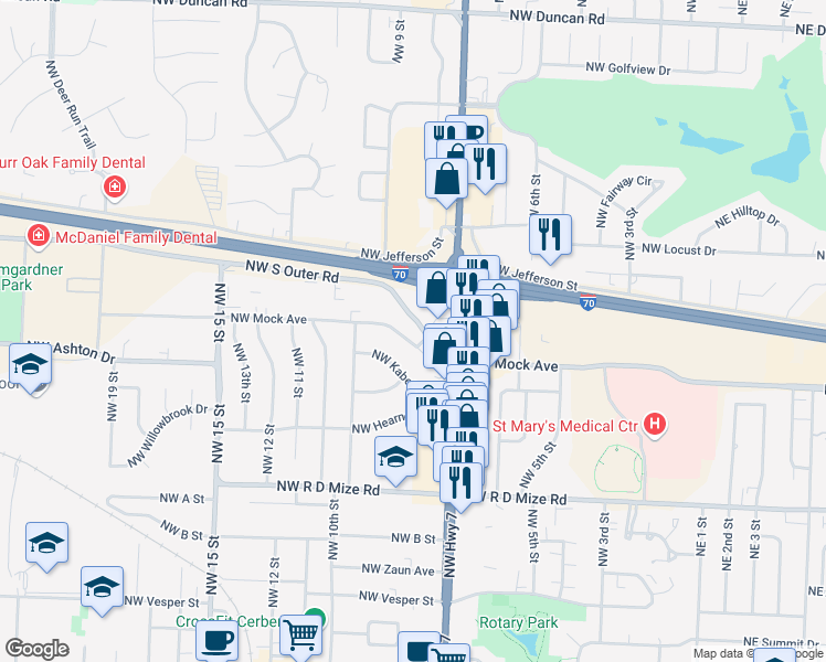 map of restaurants, bars, coffee shops, grocery stores, and more near 717 Northwest Mock Avenue in Blue Springs