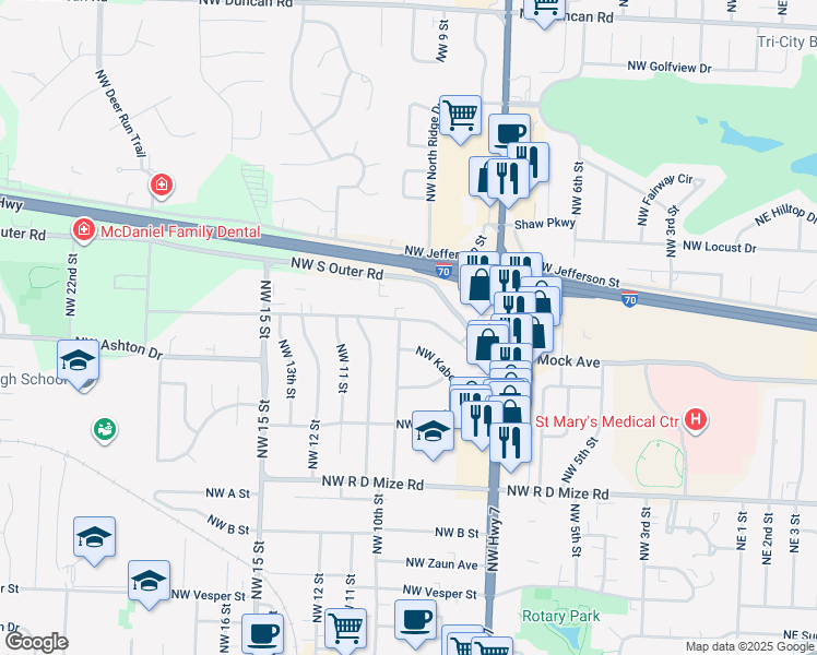 map of restaurants, bars, coffee shops, grocery stores, and more near 812 Northwest Mock Avenue in Blue Springs