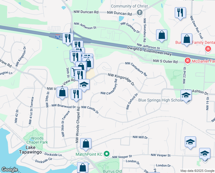 map of restaurants, bars, coffee shops, grocery stores, and more near 1000 Northwest Arlington Place in Blue Springs