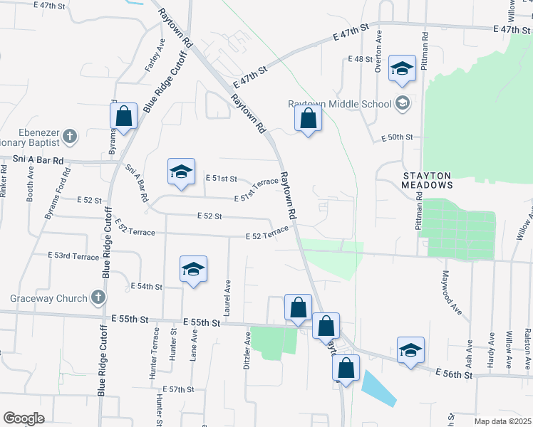 map of restaurants, bars, coffee shops, grocery stores, and more near 9300 East 52nd Street in Raytown