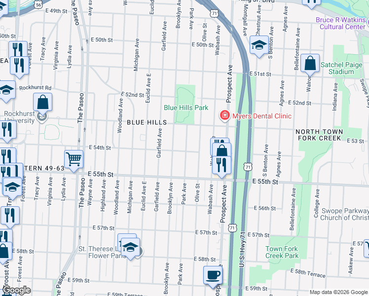 map of restaurants, bars, coffee shops, grocery stores, and more near 5345 Park Avenue in Kansas City