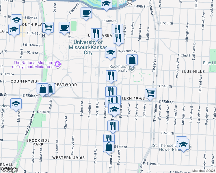 map of restaurants, bars, coffee shops, grocery stores, and more near 5408 Harrison Street in Kansas City