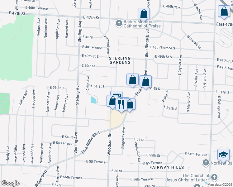 map of restaurants, bars, coffee shops, grocery stores, and more near 5109 Woodson Road in Raytown
