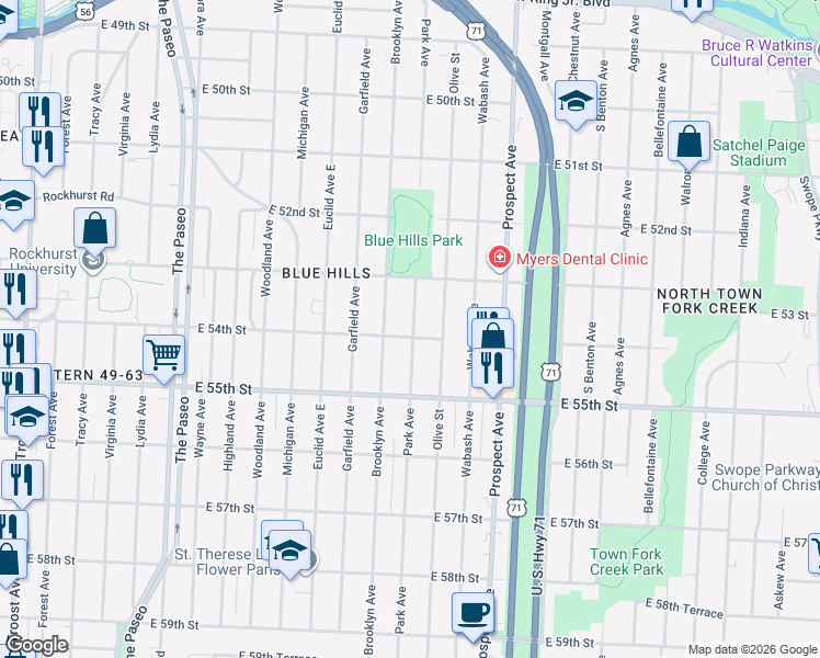 map of restaurants, bars, coffee shops, grocery stores, and more near 5345 Park Avenue in Kansas City