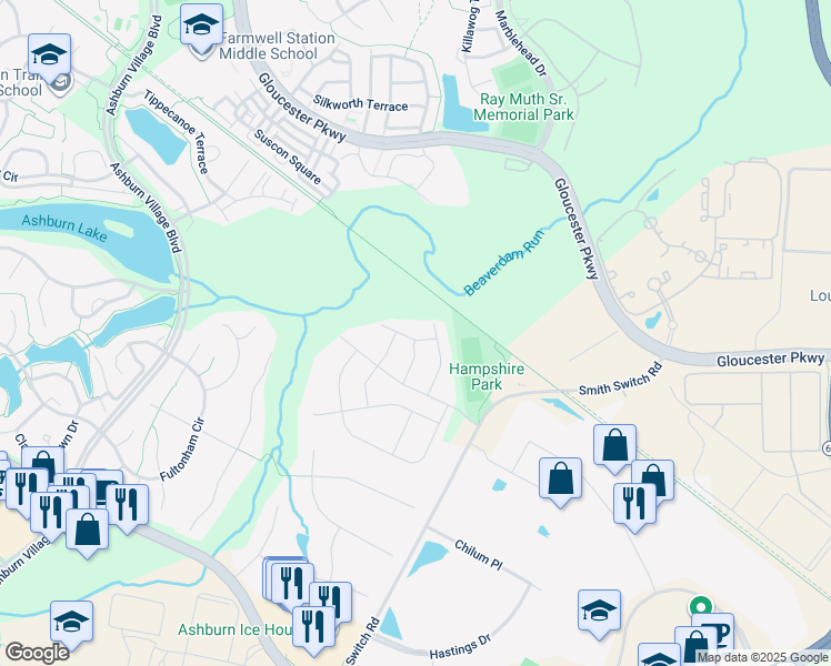 map of restaurants, bars, coffee shops, grocery stores, and more near 44394 Foxthom Terrace in Ashburn