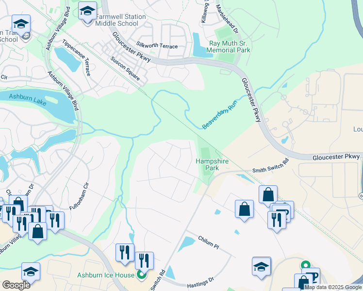 map of restaurants, bars, coffee shops, grocery stores, and more near 44394 Foxthom Terrace in Ashburn