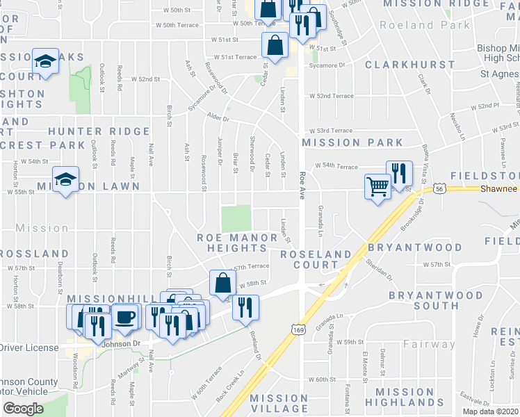 map of restaurants, bars, coffee shops, grocery stores, and more near West 55th Terrace in Roeland Park