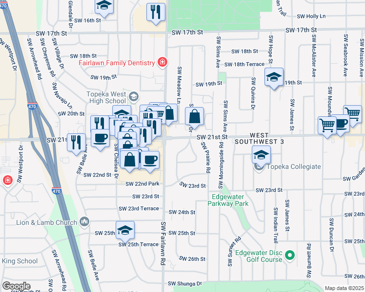 map of restaurants, bars, coffee shops, grocery stores, and more near 2107 Southwest Crest Drive in Topeka