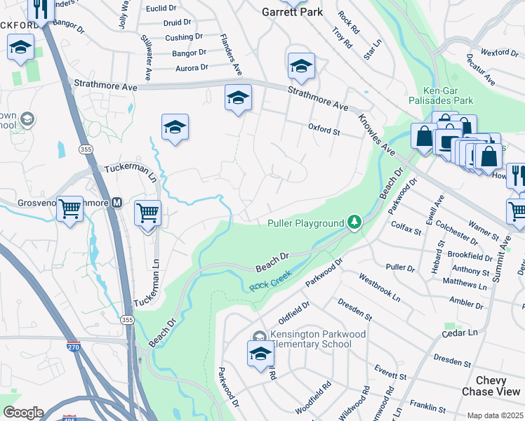 map of restaurants, bars, coffee shops, grocery stores, and more near 10626 Weymouth Street in Bethesda