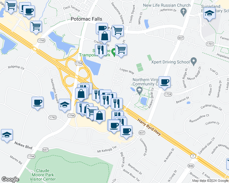 map of restaurants, bars, coffee shops, grocery stores, and more near 21293 McFadden Square in Potomac Falls