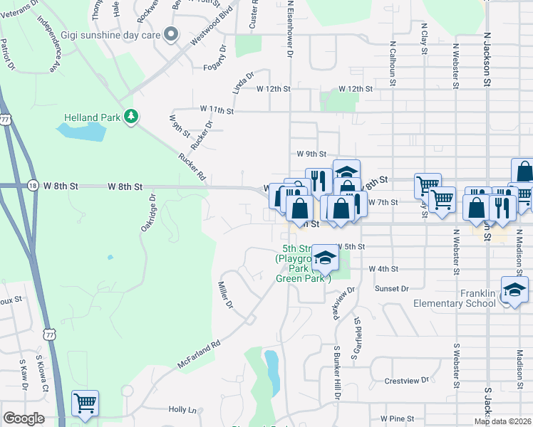 map of restaurants, bars, coffee shops, grocery stores, and more near 1118 Country Club Lane in Junction City