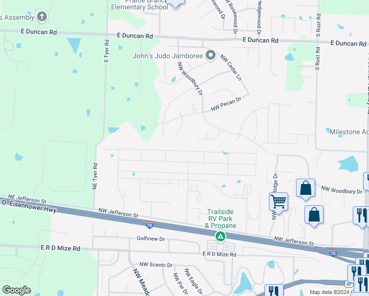 map of restaurants, bars, coffee shops, grocery stores, and more near 1306 Northwest Hilltop Lane in Grain Valley