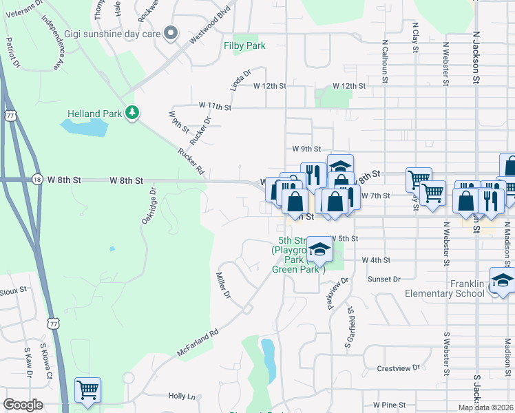 map of restaurants, bars, coffee shops, grocery stores, and more near 1144 Country Club Lane in Junction City