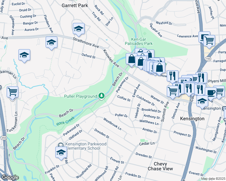 map of restaurants, bars, coffee shops, grocery stores, and more near Rock Creek Trail in Kensington