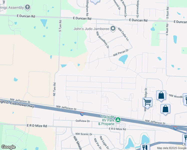 map of restaurants, bars, coffee shops, grocery stores, and more near 1400 Northwest Hilltop Lane in Grain Valley