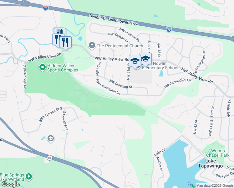 map of restaurants, bars, coffee shops, grocery stores, and more near 5200 NW Pennington Ln in Blue Springs