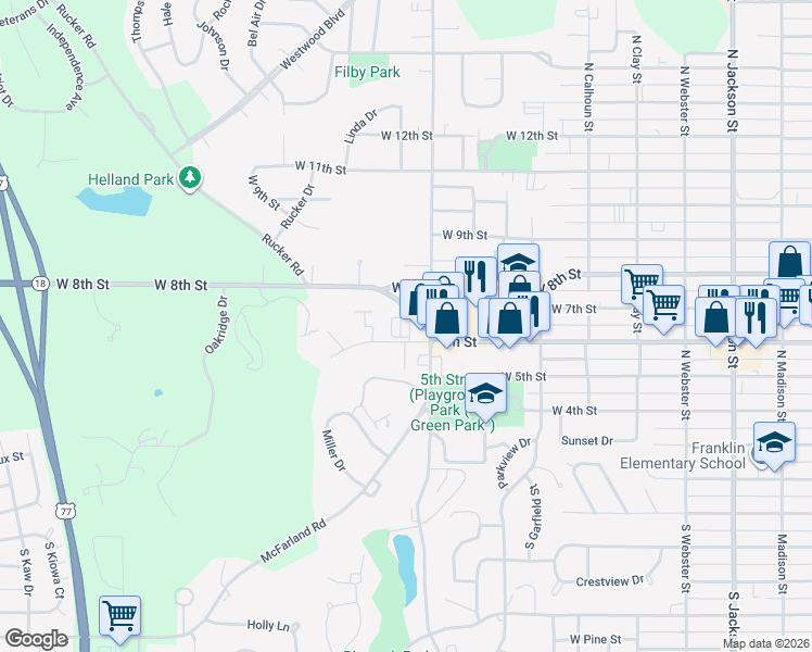 map of restaurants, bars, coffee shops, grocery stores, and more near 1110 Country Club Lane in Junction City