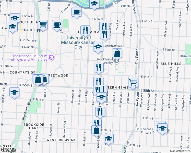 map of restaurants, bars, coffee shops, grocery stores, and more near 5408 Harrison Street in Kansas City