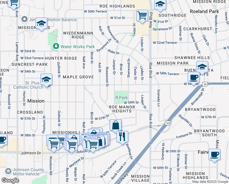 map of restaurants, bars, coffee shops, grocery stores, and more near 5527 Juniper Drive in Roeland Park