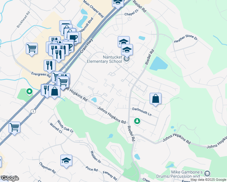 map of restaurants, bars, coffee shops, grocery stores, and more near 2467 Vineyard Lane in Crofton