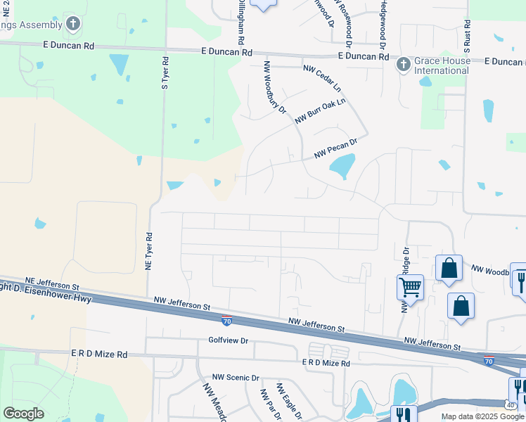 map of restaurants, bars, coffee shops, grocery stores, and more near 1308 Northwest Hilltop Lane in Grain Valley
