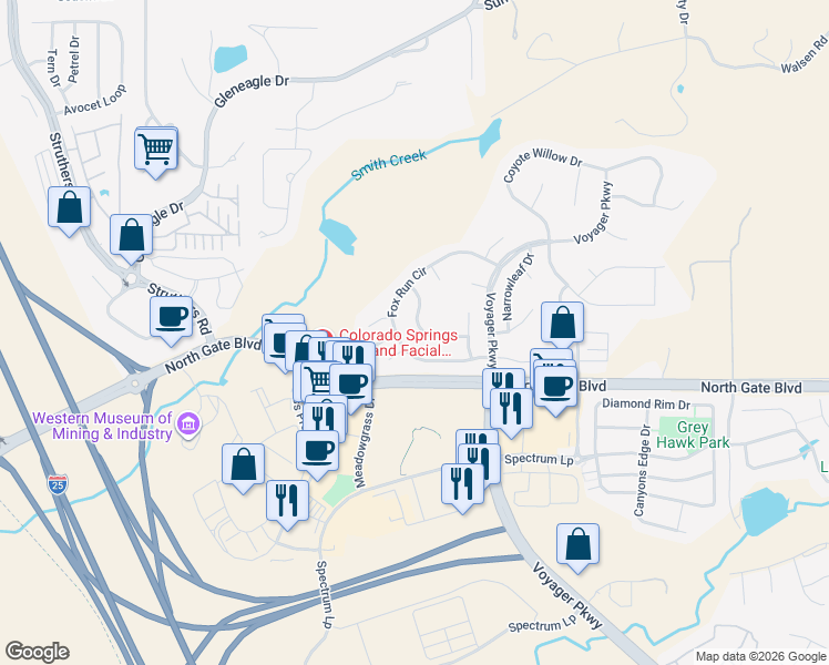 map of restaurants, bars, coffee shops, grocery stores, and more near 543 Shrubland Drive in Colorado Springs