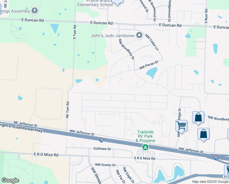 map of restaurants, bars, coffee shops, grocery stores, and more near 1402 Northwest Hilltop Lane in Grain Valley