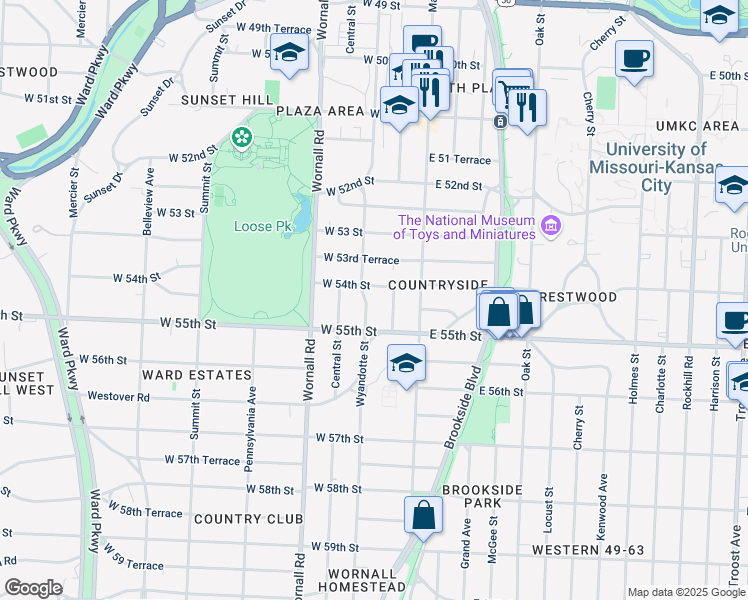 map of restaurants, bars, coffee shops, grocery stores, and more near 5421 Wyandotte Street in Kansas City