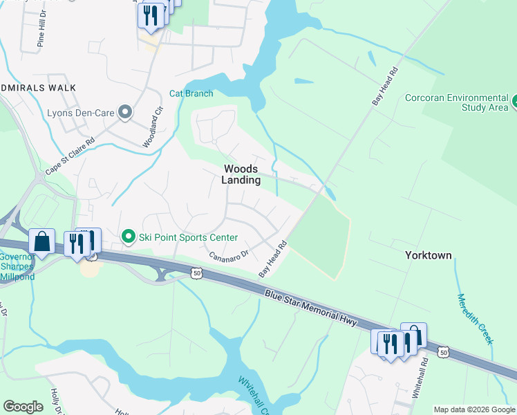 map of restaurants, bars, coffee shops, grocery stores, and more near 1609 Pincay Court in Annapolis