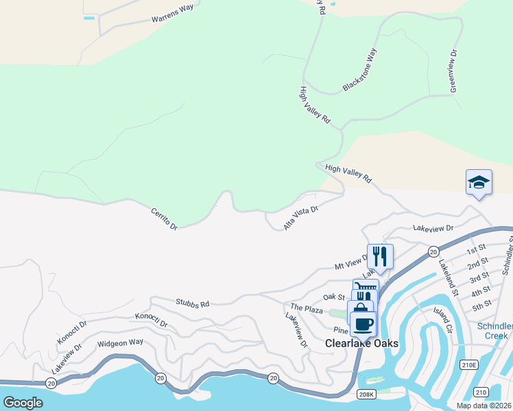 map of restaurants, bars, coffee shops, grocery stores, and more near 12230 Cerrito Drive in Clearlake Oaks