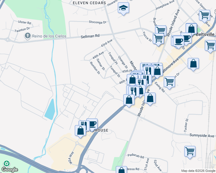 map of restaurants, bars, coffee shops, grocery stores, and more near 4507 Romlon Street in Beltsville