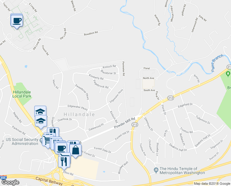 map of restaurants, bars, coffee shops, grocery stores, and more near 2124 Edgewater Parkway in Silver Spring